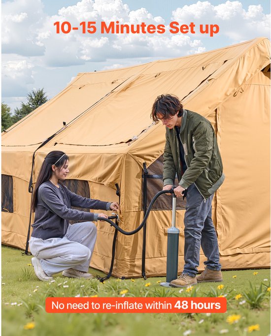 Opblaasbare Campingtent voor 5-8 Personen, Inclusief Handpomp, 4x3x2,2 m Glampingtent met Dakramen, Luifel, Kooktoestelaansluiting, 2 Deuren, Gaasramen en Draagtas — afbeelding 3