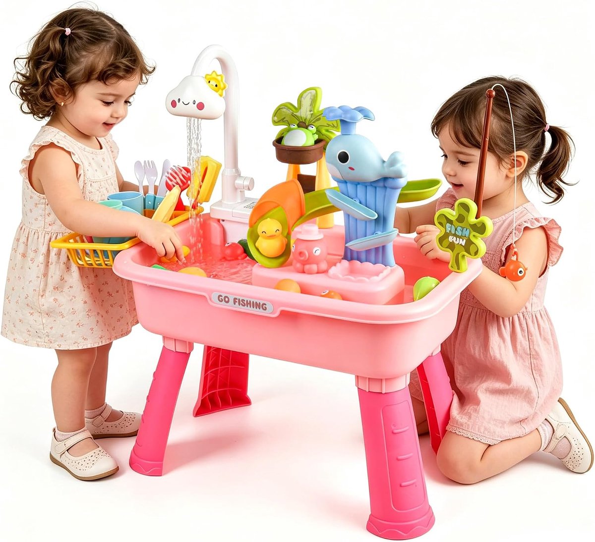 Roze Watertafel Voor Peuters Van 1-3 Jaar, Watertafel Met Pomp, Speelgoedkeukenset Voor Kinderen Van 4-8 Jaar, Speelgootsteen Met Stromend Water En Elektrische Kraan, Inclusief Speelgroenten, Servies En Visspel