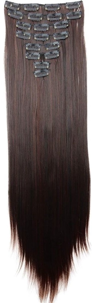Clip In Extensions - Haarstukken Set - Extra Volume - Hittebestendig Synthetisch Haar - 60cm Lang - Donkerbruin Mix