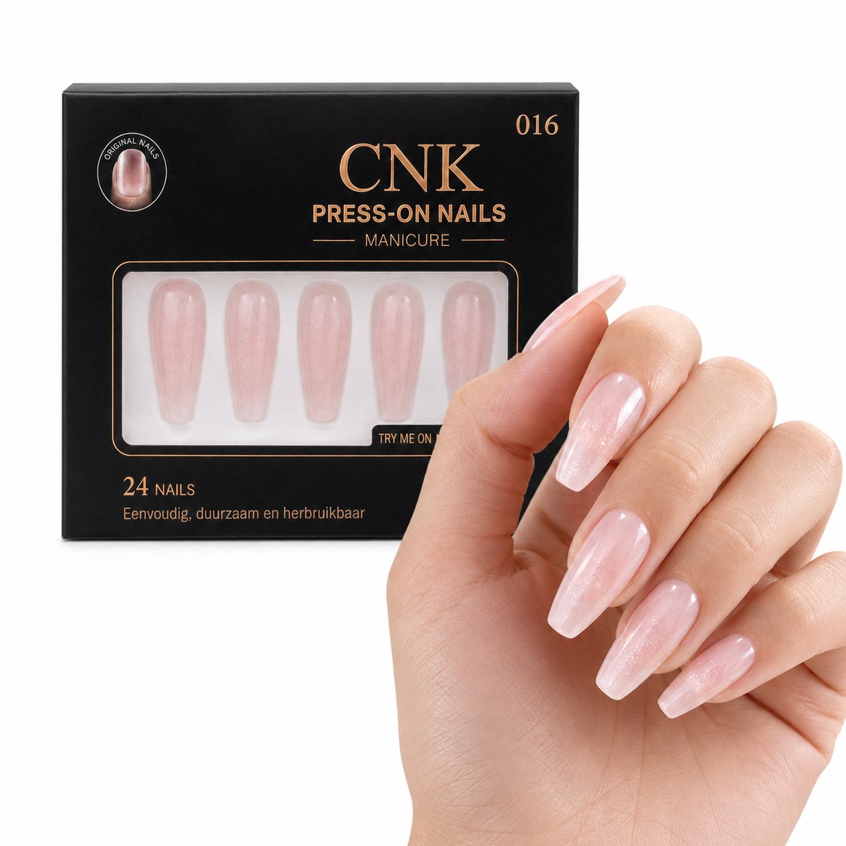 CNK 016 Press On Nails – Lange Coffin Plaknagels – Lichtroze met Subtiele Glitters – 24 Kunstnagels met Nagellijm en Zelfklevende Plakstickers