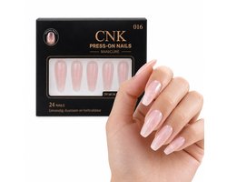 CNK 016 Press On Nails – Lange Coffin Plaknagels – Lichtroze met Subtiele Glitters – 24 Kunstnagels met Nagellijm en Zelfklevende Plakstickers