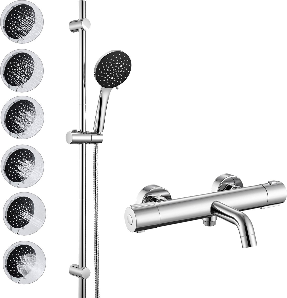 Auralum max Thermostatische Badkraan - 15 cm Hartafstand - 2 Functies - Doucheset - Verstelbare Glijstang 90 cm - 6 Standen Handdouche - Incl 38°c Veiligheidsslot - Waterbesparend - Chroom
