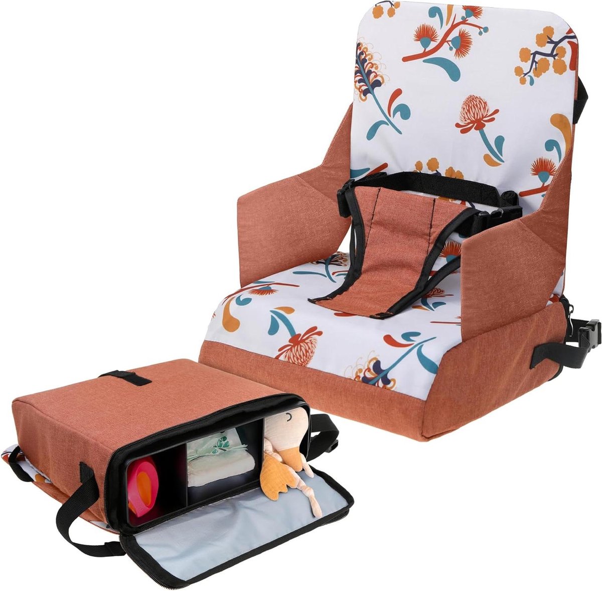 Kinderstoelverhoger - Draagbare kinderstoel - Onderweg eten - Opbergvakken & riemen - 32 x 153 x 387 cm - Verbrand Oranje