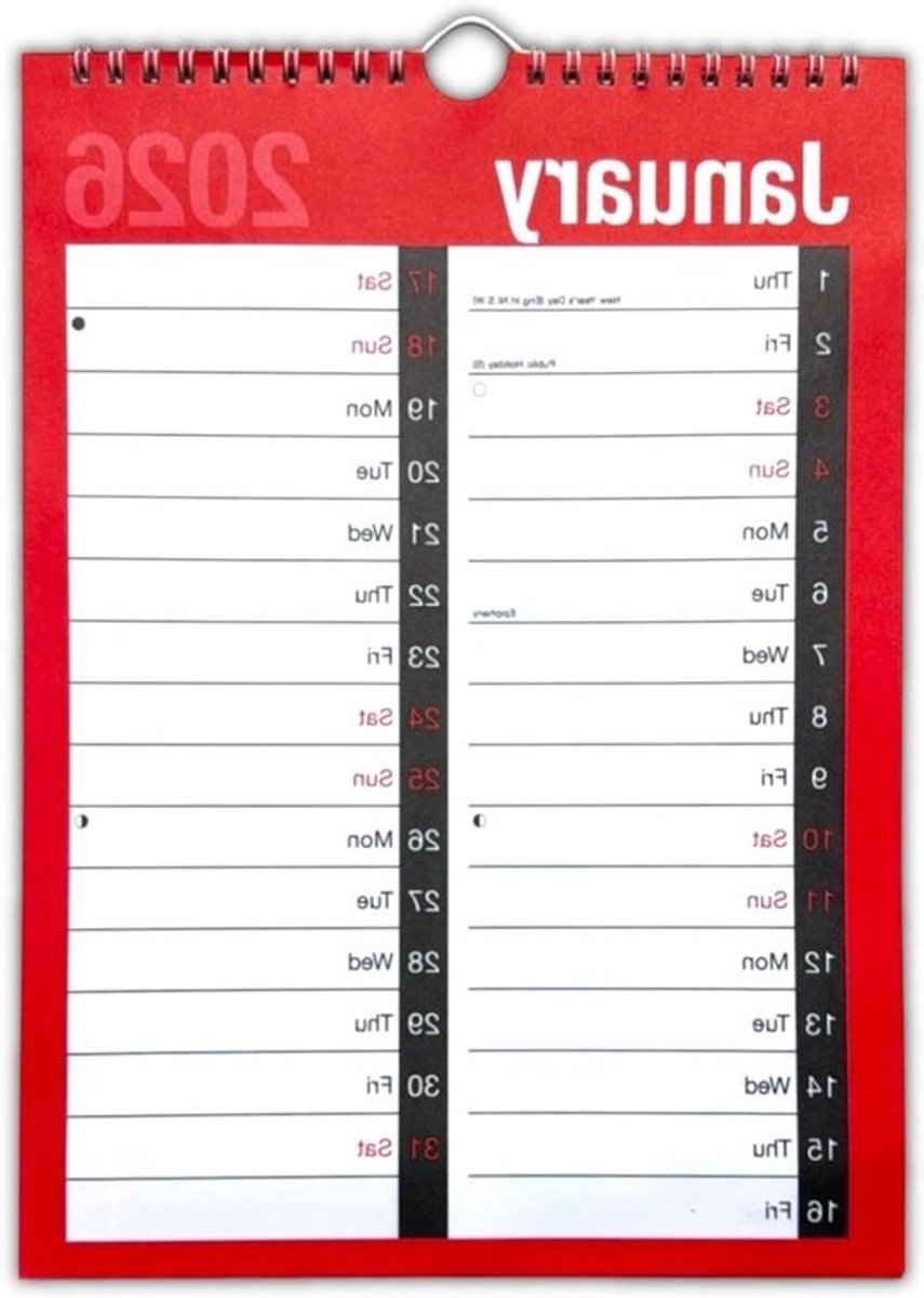 Muurkalender 2026 - Maandplanner Jaarkalender - Afspraken Plannen - Twee Kolom Indeling - 216 x 292 cm - Rood en Wit
