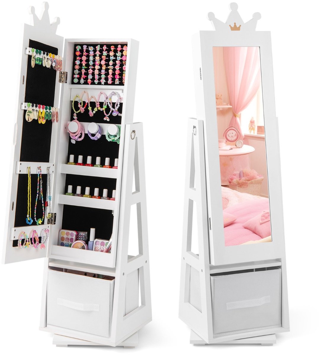 SureDeal® - Kaptafel - Juwelenkastje - Kinderen Vrijstaande Spiegel - Grote Opslagcapaciteit - Draaivoet Ijdelheidspiegel - 31,5x30x122 cm - Wit
