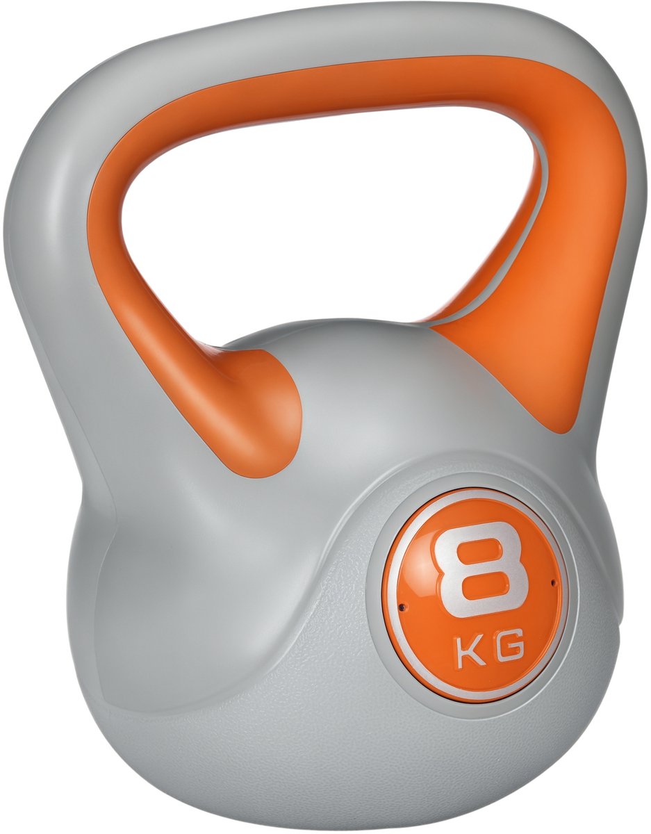 Kettlebell 8 kg, PU-gecoat en gevuld met zand voor krachttraining, 20x14x24 cm, oranje en grijs