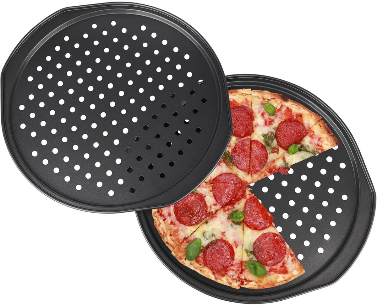 longziming - Rond Pizzablad - Pizza Pan - Bakplaat - Geperforeerd Oppervlak - Anti-Aanbaklaag - Koolstofstaal - Extra Grote Handvatten - Oven Vriezer Bestendig - 2 Stuks