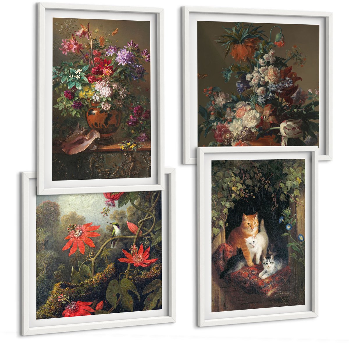 Wallfluent 4-Delige Schilderij Set - Vintage Bloemen, Katten En Planten In De Natuur - 40 x 40 En 40 x 60 - Wanddecoratie - Woonkamer Decoratie - Interieur Decoratie