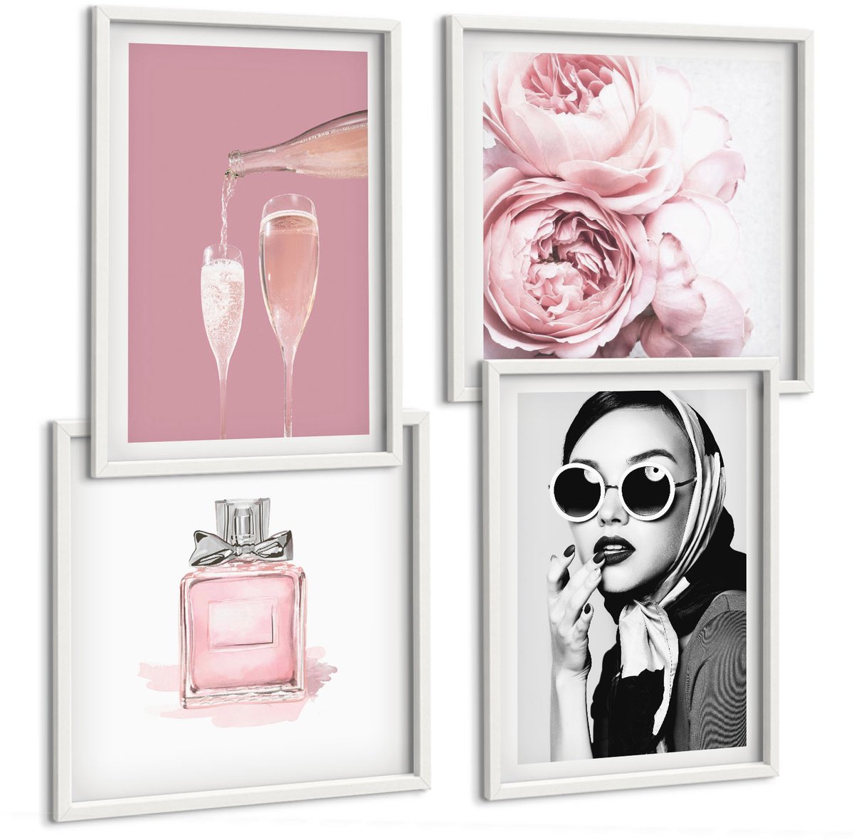 Wallfluent 4-Delige Schilderij Set - Stijlvolle Vrouwelijke Accessoires In Roze Tinten - 40 x 40 En 40 x 60 - Wanddecoratie - Muurdecoratie - Woonkamer