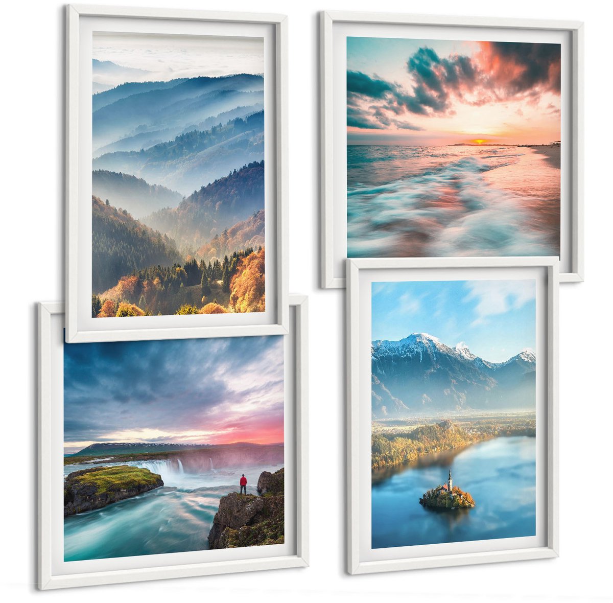 Wallfluent 4-Delige Schilderij Set - Schilderachtige Berglandschappen En Watervallen In De Natuur. - 40 x 40 En 40 x 60 - Moderne Wanddecoratie - Woonkamer - Decoratieve Schilderijen