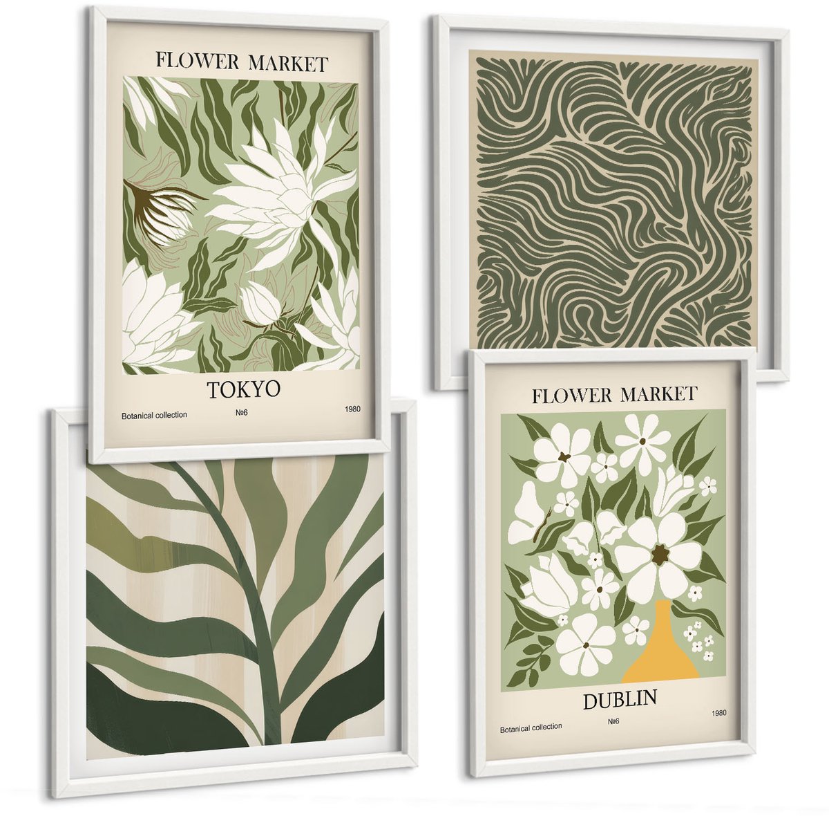 Wallfluent 4-Delige Schilderij Set - Plantenpatronen, Botanische Decoraties, Boho-Stijl - 40 x 40 En 40 x 60 - Schilderijen Set - Wanddecoratie - Woonkamer - Woonkamer Decoratie