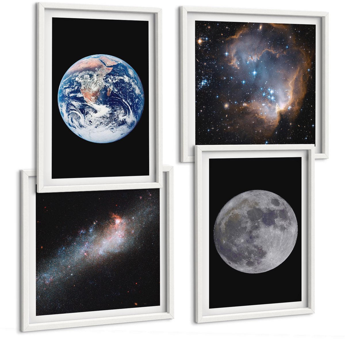 Wallfluent 4-Delige Schilderij Set - Ruimte, Melkweg, Sterren En Volle Maan - 40 x 40 En 40 x 60 - Stijlvolle Muurdecoratie - Kantoor