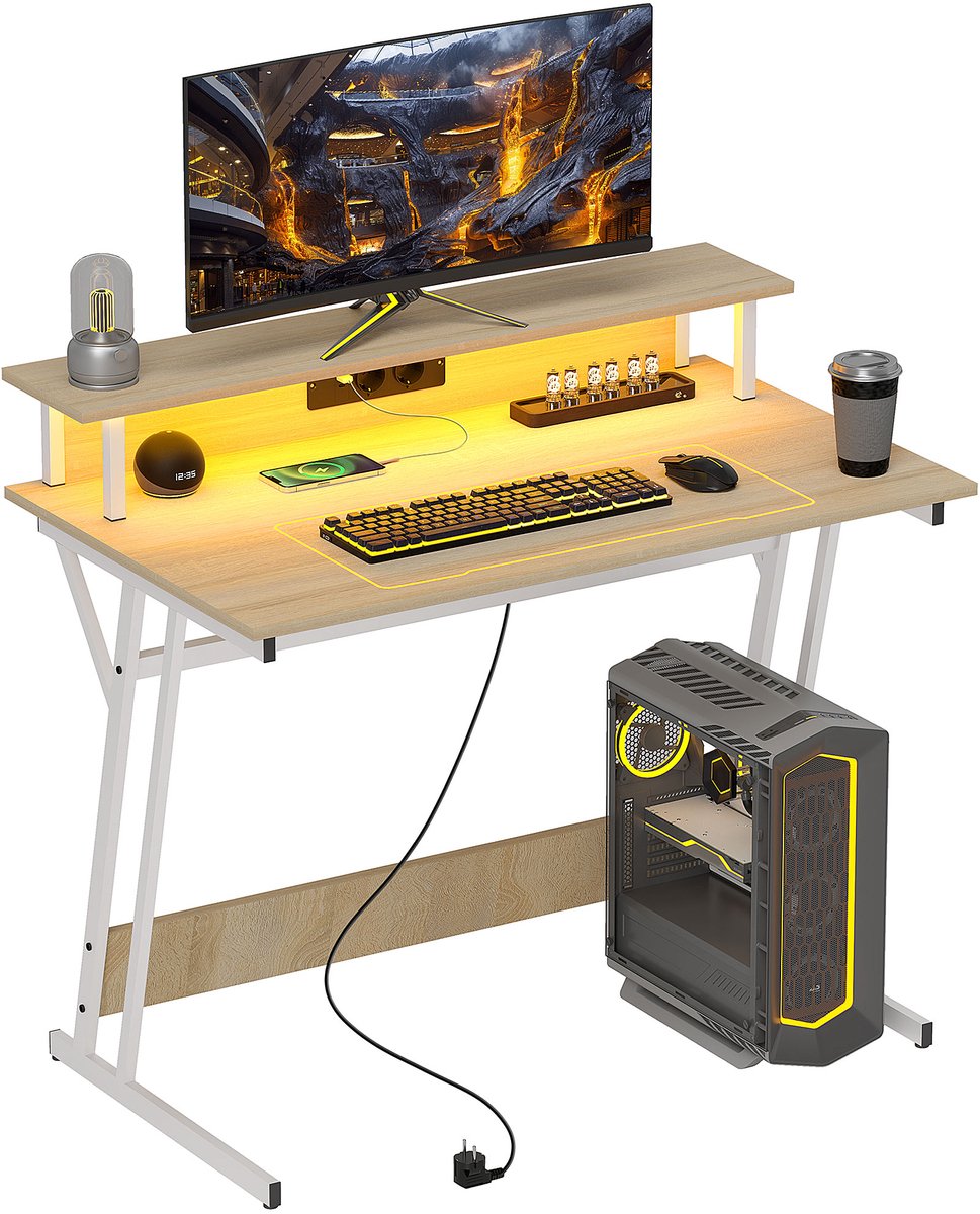 Gamingbureau met LED-verlichting 100x60 cm, voeding, monitorstandaard, planken en afstandsbediening, naturel
