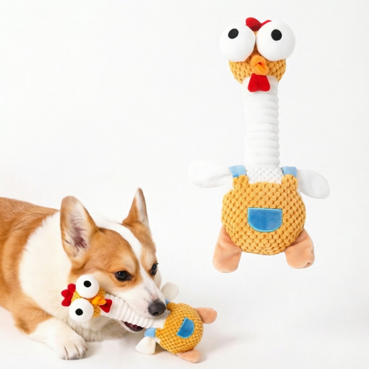 Namajunas - Honden speelgoed - Maakt piepgeluiden bij het bijten - Kauwen voor schone tanden - Creatief blauw overall kippen pluchen honden speelgoed - Geschikt voor puppy's om op te kauwen, mee te apporteren en om verveling binnenshuis te verlichten