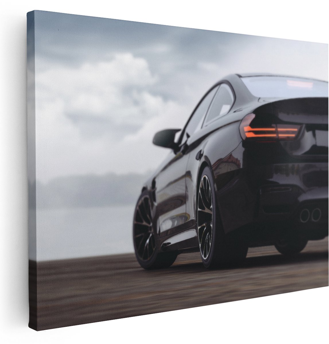 Artaza Canvas Schilderij Zwarte Sportwagen Auto Van Achter - 160x120 cm - Groot - Wanddecoratie Woonkamer - Schilderijen - Muurdecoratie
