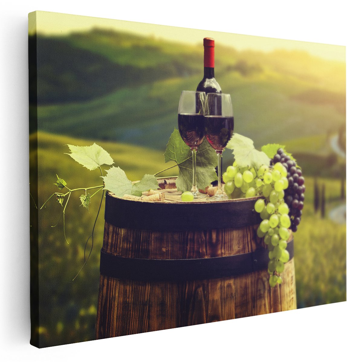 Artaza Canvas Schilderij Wijn met Druiven op een Vat in Toscane - 160x120 cm - Groot - Wanddecoratie Woonkamer - Schilderijen - Muurdecoratie