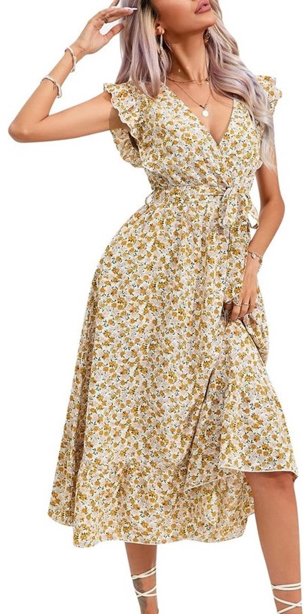 Zomerjurk Dames - Korte Mouwen, Maxi-jurk met Ruches en V-hals, Elegante Bloemenjurk voor Strand en Vrije Tijd