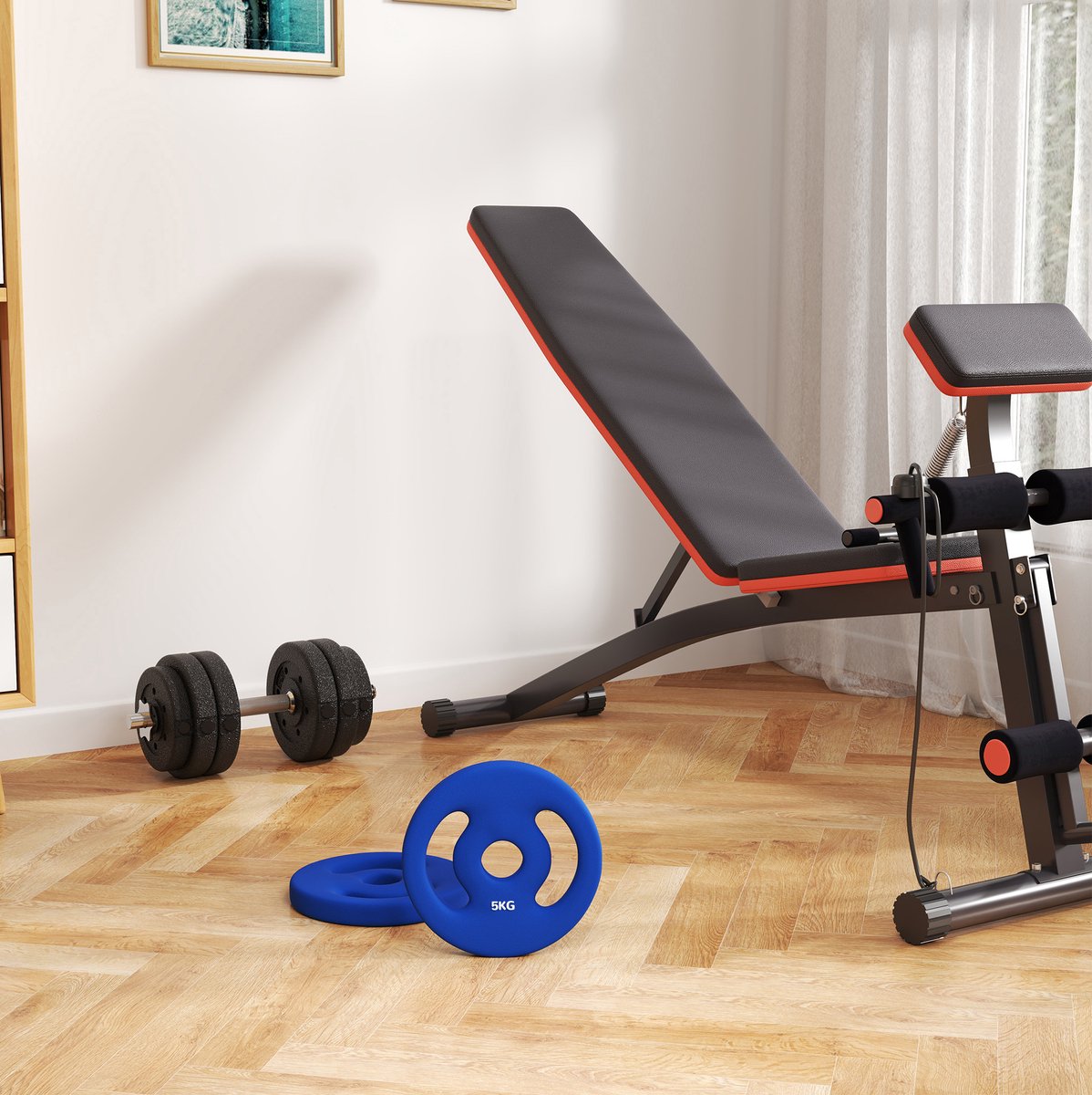 COVREO Hantelschijven set van 2, 2 x 5 kg, 20 cm, blauw, met kunststof coating, voor 2,5 cm stang