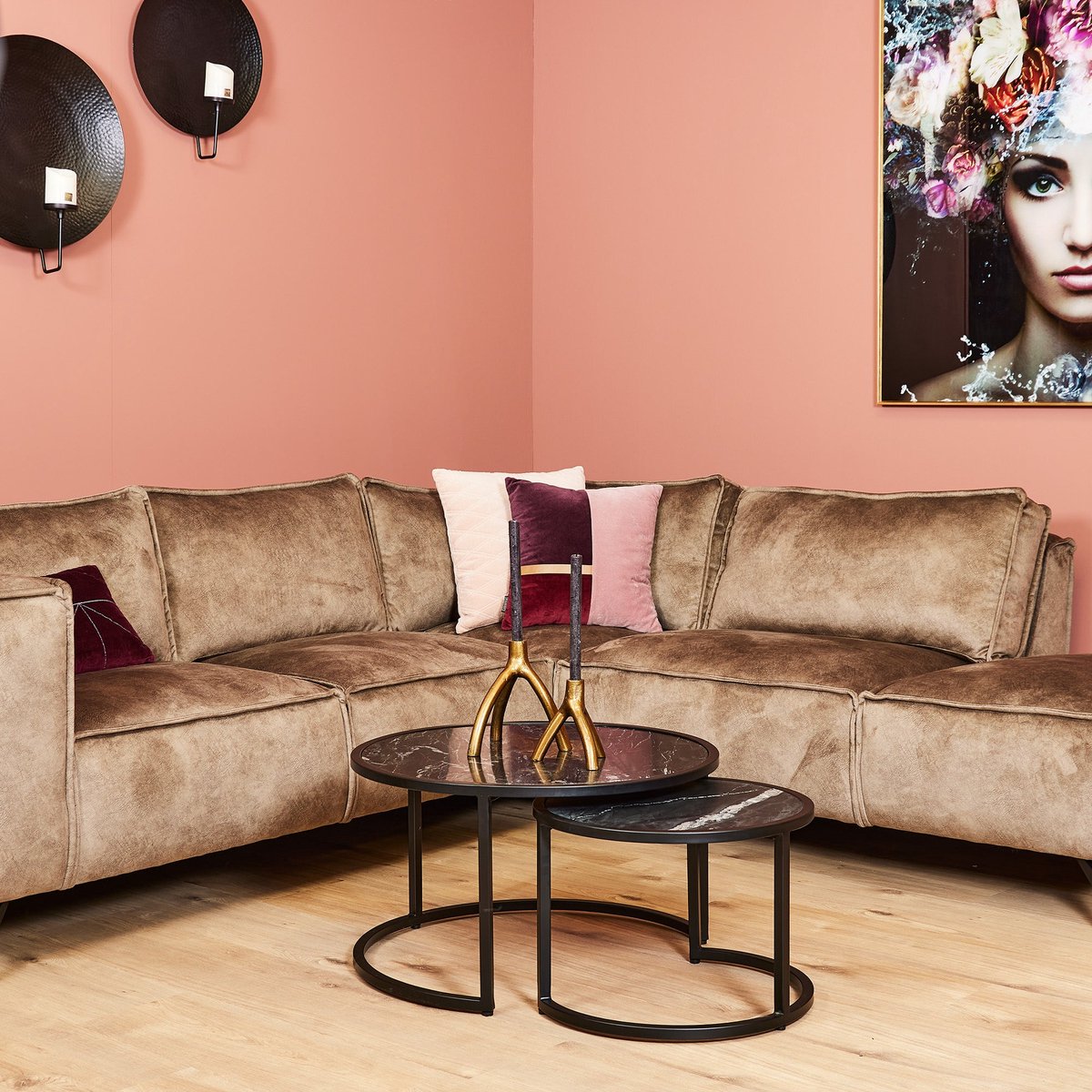 Industrieel In Huis Salontafelset Rond set van 2 - Mangohout Zwart - Bijzettafels - Salontafel Zwart Marmer Rond - Bijzettafeltjes Woonkamer - Salon Tafel Mangohout Rond - Salontafel industrieel Landelijk - Tafeltje Set 2 stuks Zwart (70 cm x 70 cm x 40 cm)