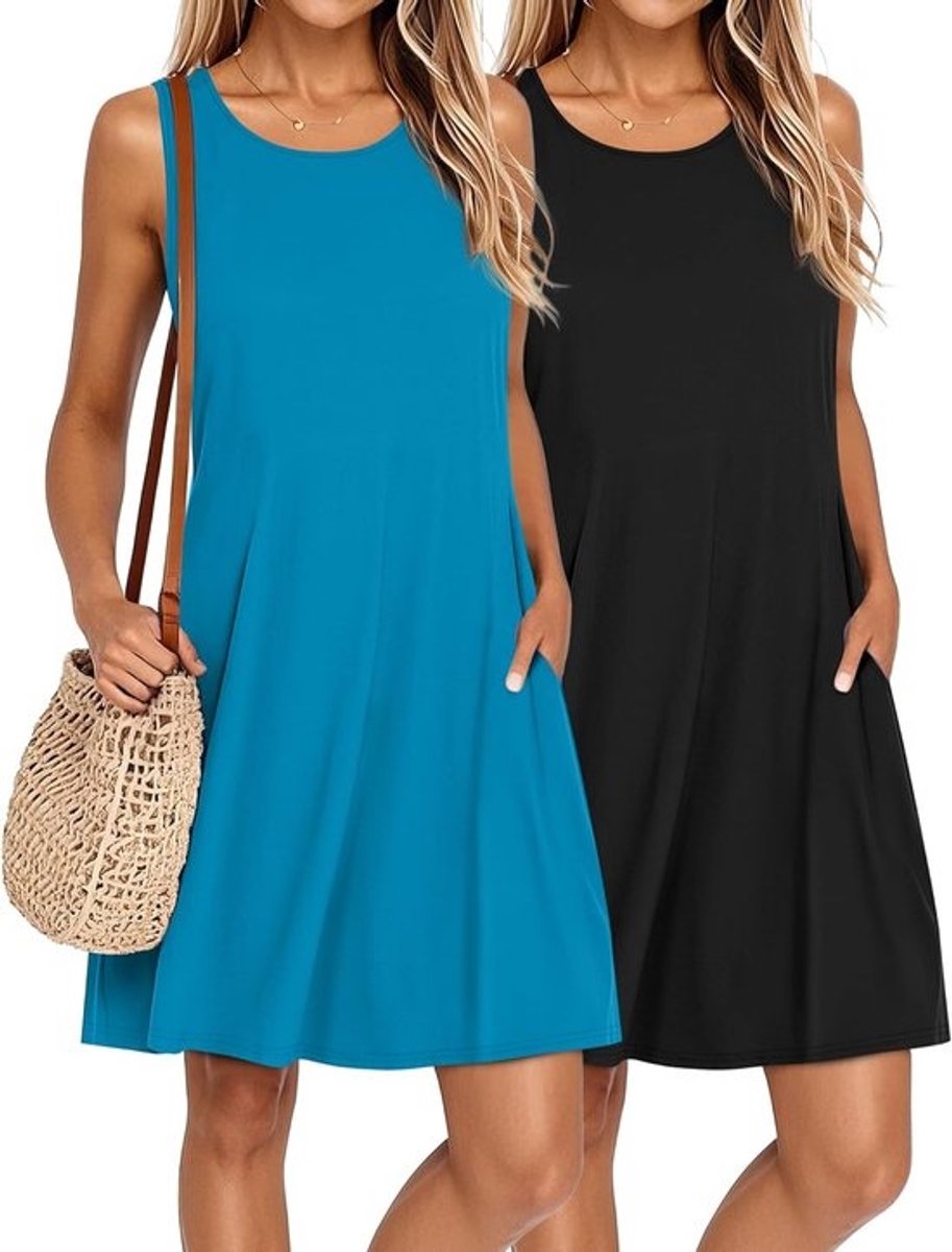 2-pack dames zomerjurken mouwloos casual met zakken voor het strand ronde hals swing tank jurk