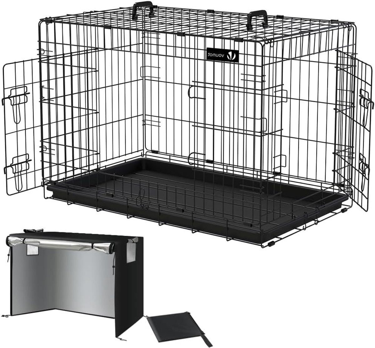 Hondenkooi Opvouwbaar - Hondenbox Transport - Veilig Vervoeren - Dubbele Deuren Deksel - 92 x 58 x 64cm - Zwart