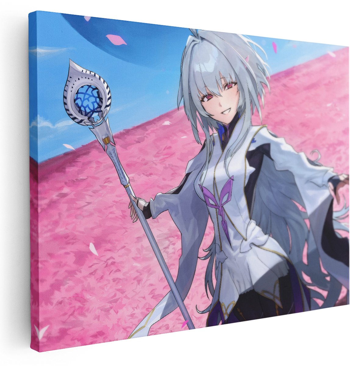 Artaza Canvas Schilderij Anime Vrouw met Staf - 160x120 cm - Groot - Wanddecoratie Bloesem - Muurdecoratie Slaapkamer - Kamer Accessoires Japan