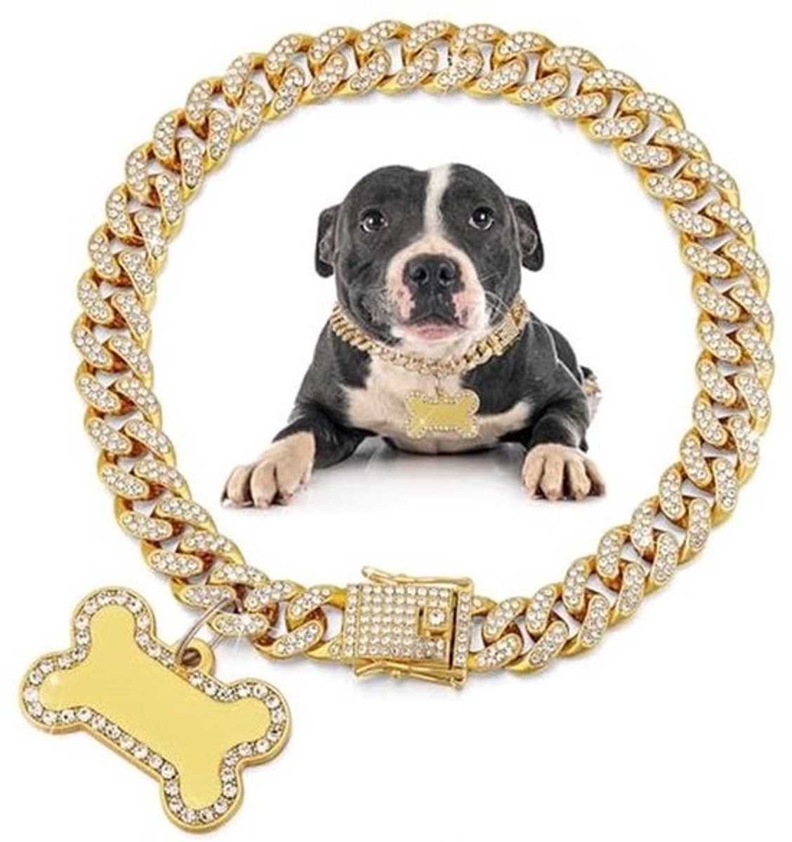 Gouden hondenhalsband met diamanten en ID-label voor kleine honden