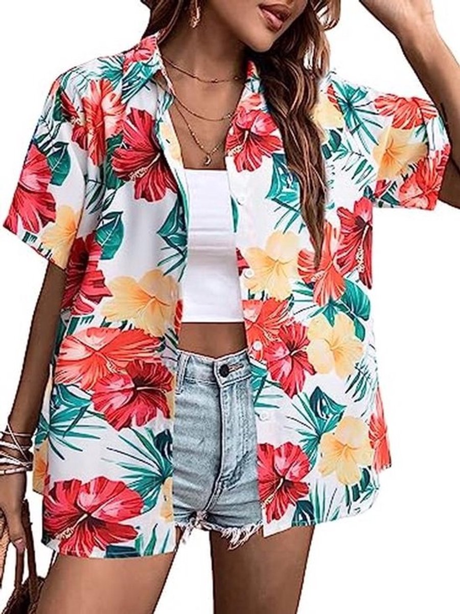 Vrouwen Hawaï-shirt met V-hals en Korte Mouwen - Zacht Trendy T-shirt met Tropische Bloemenprint