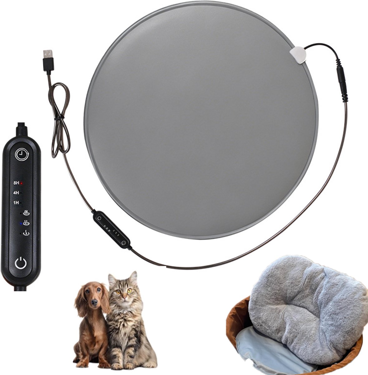 KZQ USB verwarmingskussen voor huisdieren 35x35 cm - 5 temperaturen en timer - Waterdicht en veilig voor katten en honden - Grijs
