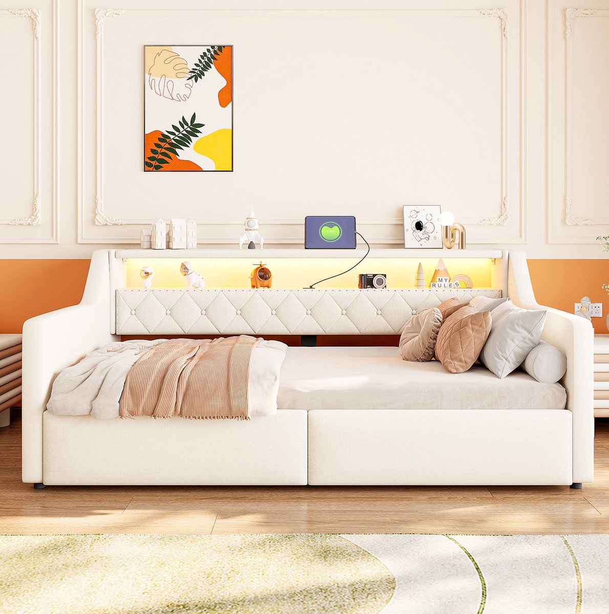 MODENUIT Bedbank 90 x 200 cm - LED Lichtstrip, Hydraulische Opbergruimte, USB en Type-C - Linnen - Beige