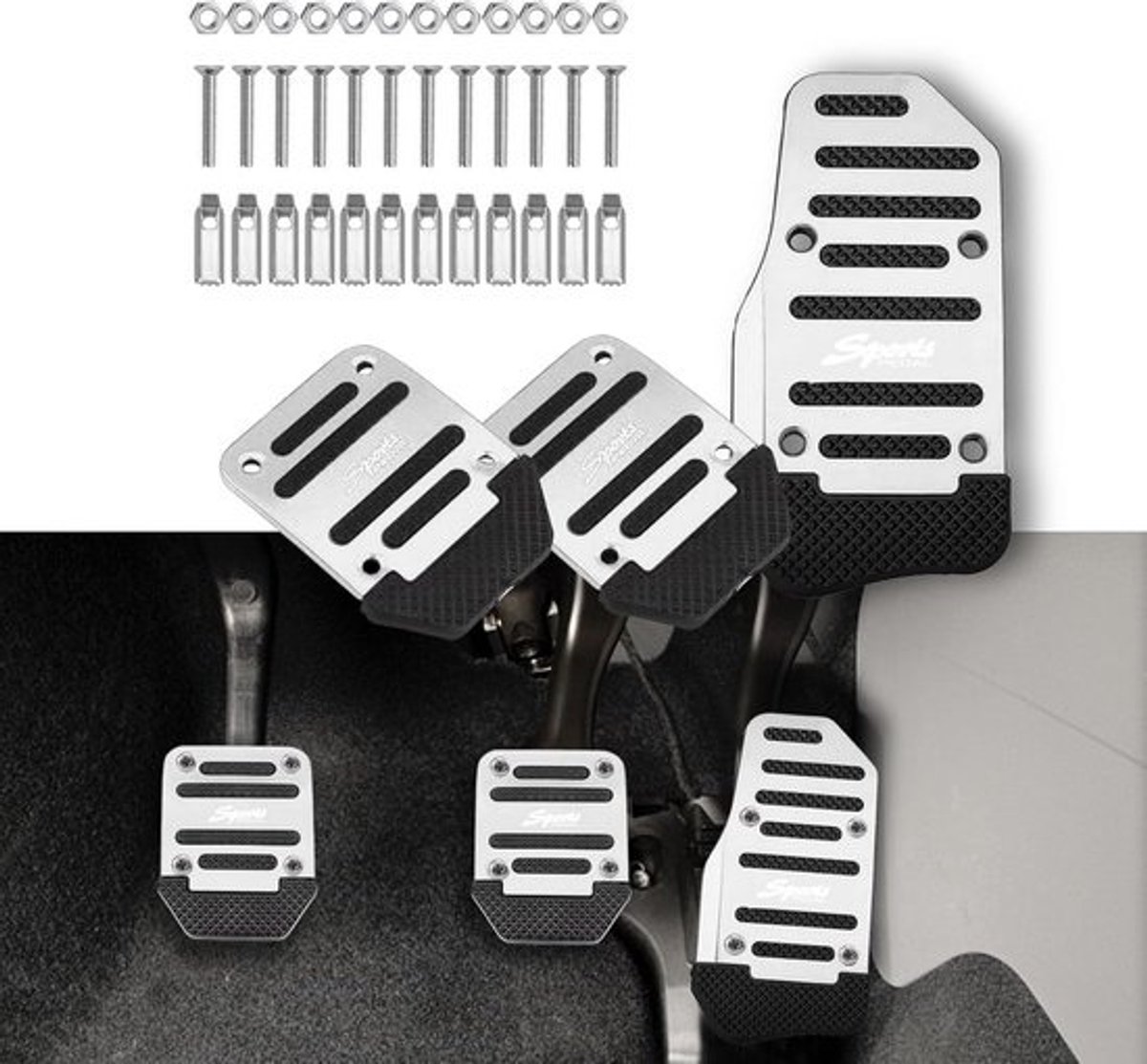 Antislip Pedaal Covers - Sport Pedaal Sets - Handmatige Versnellingsbak - Aluminium Rubber Grip - 3 Delige Set - Zilver