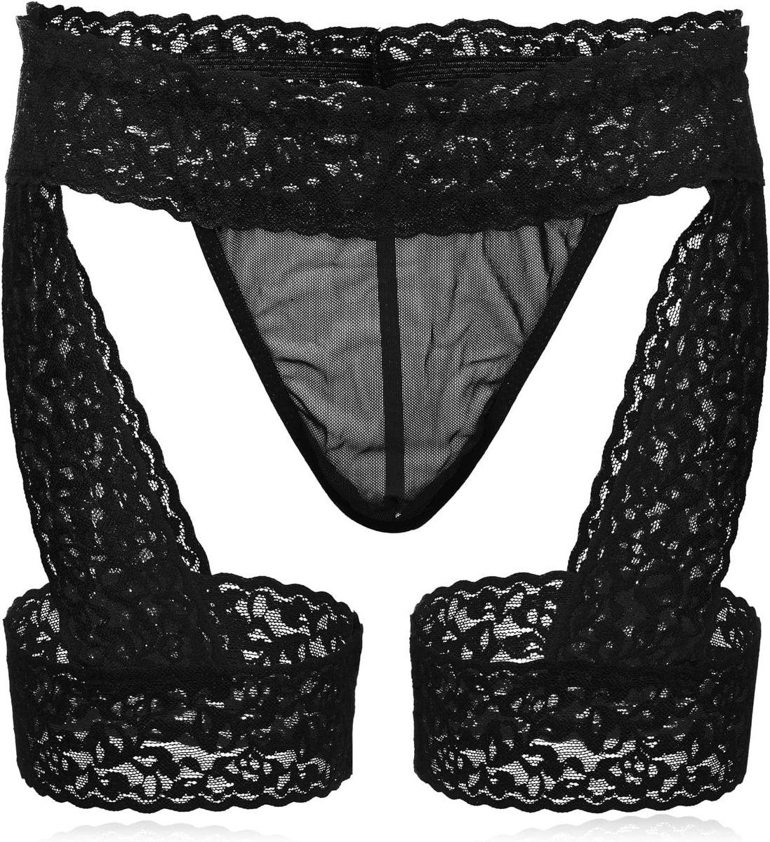 Lace Tanga Slip met Pouch en Garter voor Mannen - Zwarte Onderbroek voor Comfort en Stijl, Maat 30