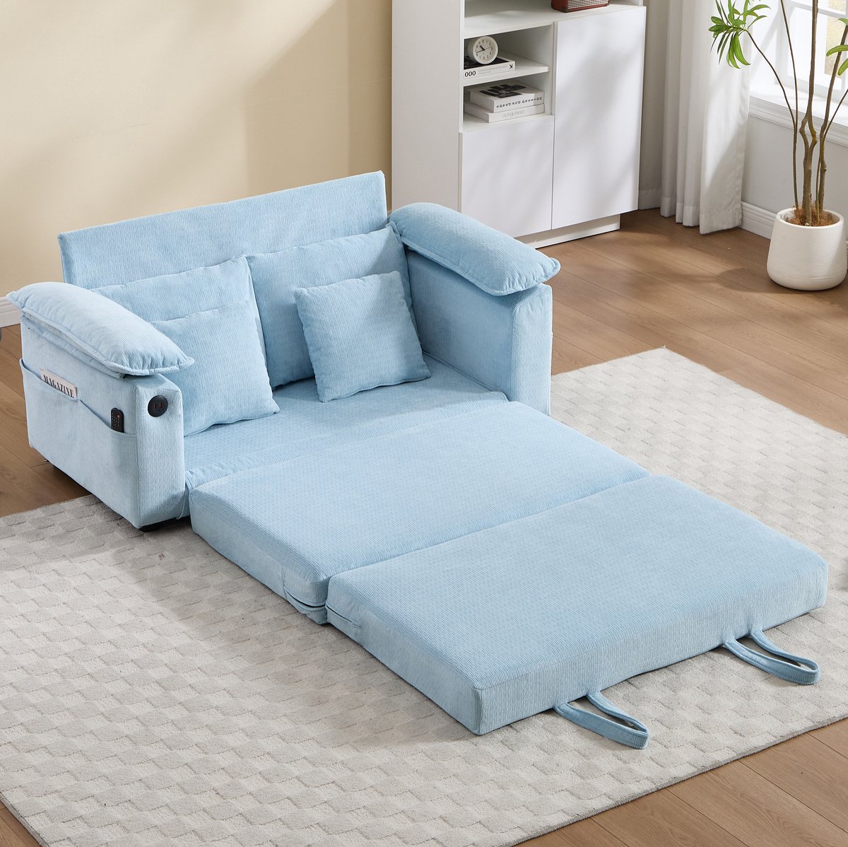 MODENUIT Slaapbank 148 cm - Uitklapbaar 2-Zits Met Zijvak En Kussens - Voor Woonkamer - Chenille - Blauw