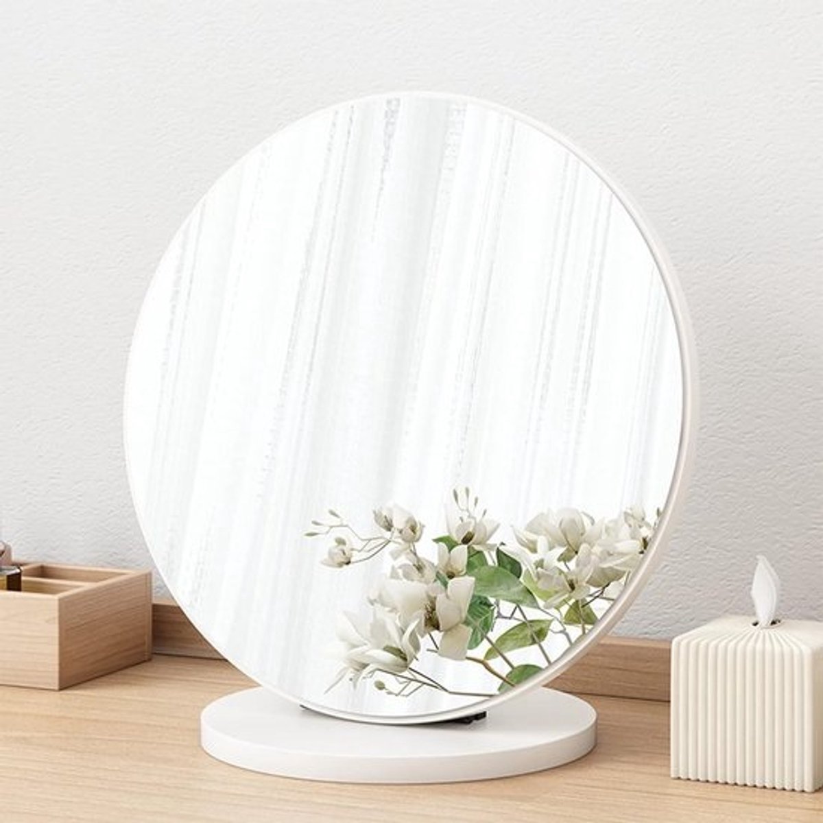 Houten Make-up Spiegel - Kaptafel Spiegel - Schoonheidsroutine - HD Glas Kwaliteit - 30 cm Diameter - Warm Wit
