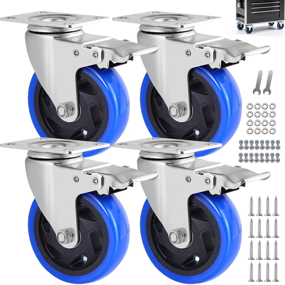 Zwenkwielen met Rem 100mm - Set van 4 Zware Wielen - 360° Draaibaar - Dubbele Vergrendeling - PU Loopvlak - Draagvermogen 600 kg