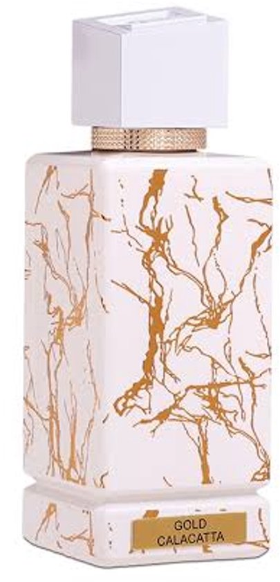Fles parfum Gold Calacatta 100ml, witte fles met gouden marmerprint en gouden dop.