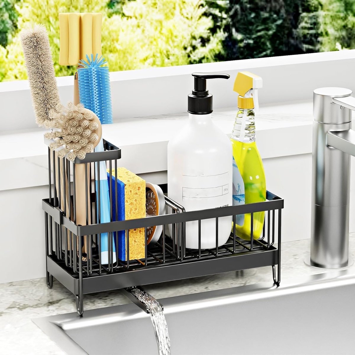 Spoelbakorganizer voor keuken, sponshouder, roestvrijstalen afdruiprek, zeephouder, gootsteen, keukenorganizer met zelfafvoerend dienblad (zwart handdoekrek)