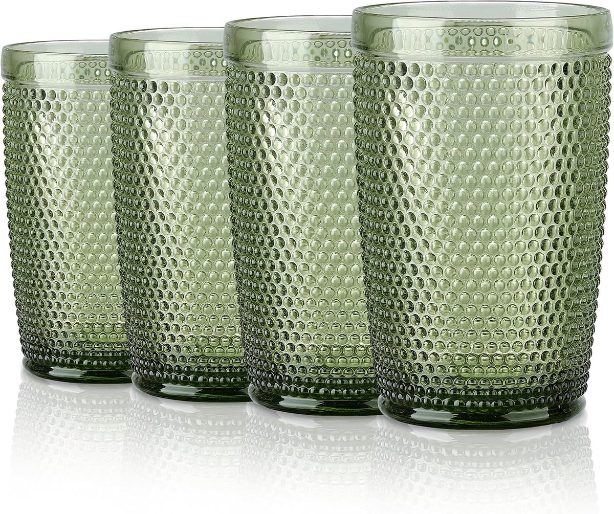 350ml groene drinkglazen set van 4, kleurrijke waterglazen set met reliëf, vintage glazen set voor thuis restaurant bar, vaatwasmachinebestendig