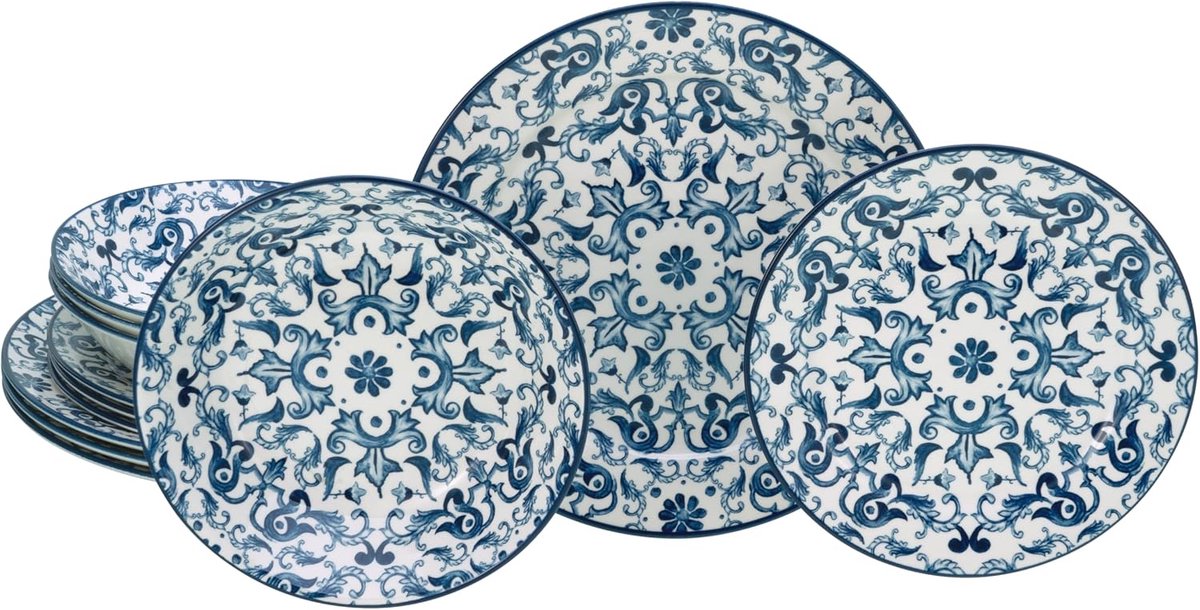 16478, serie Fresco blauw, 12-delige serviesset, bordenset van aardewerk