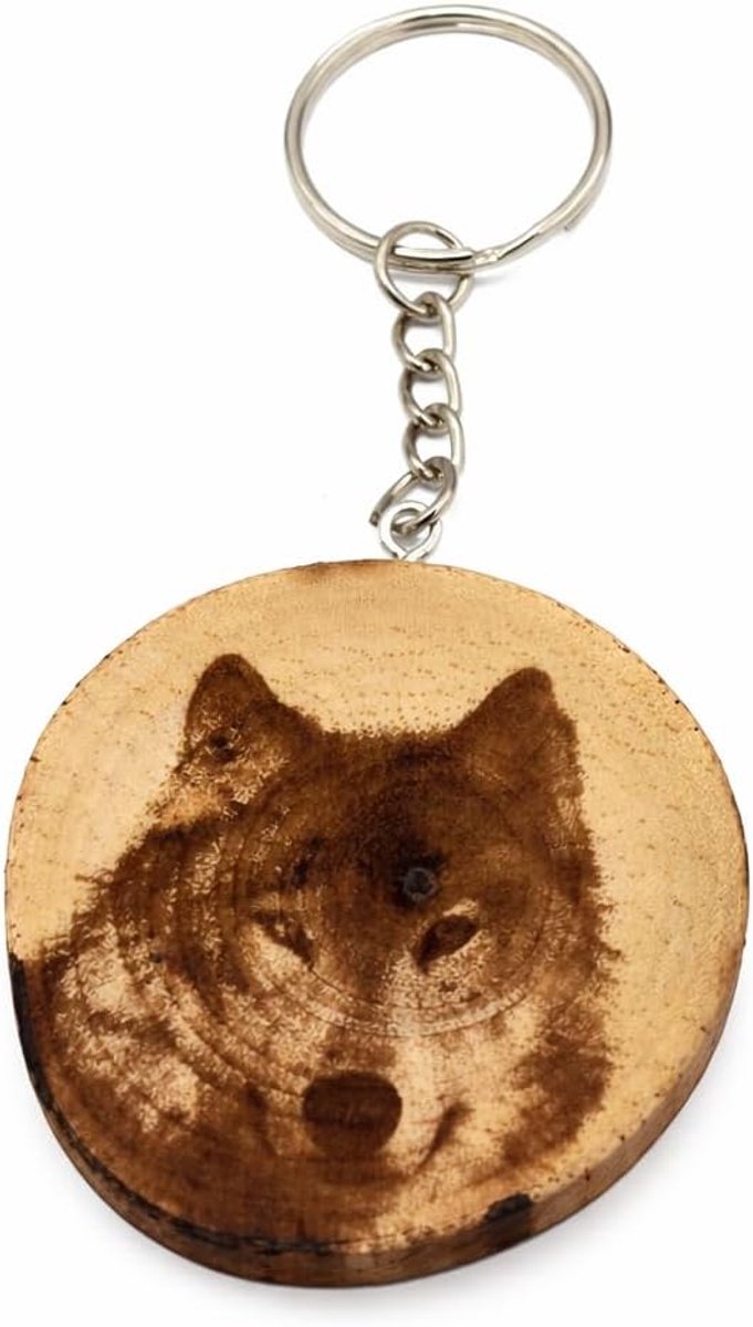 Promotech De Wolf handgemaakte lasergegraveerde unieke sleutelhanger van hout