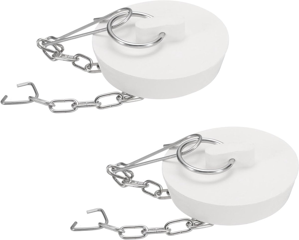2 stuks badstoppers, rubberen stoppen 45-47 mm, voor afvoer in de keuken, afvoerstop voor badkamer met trekring en ketting van roestvrij staal, wit