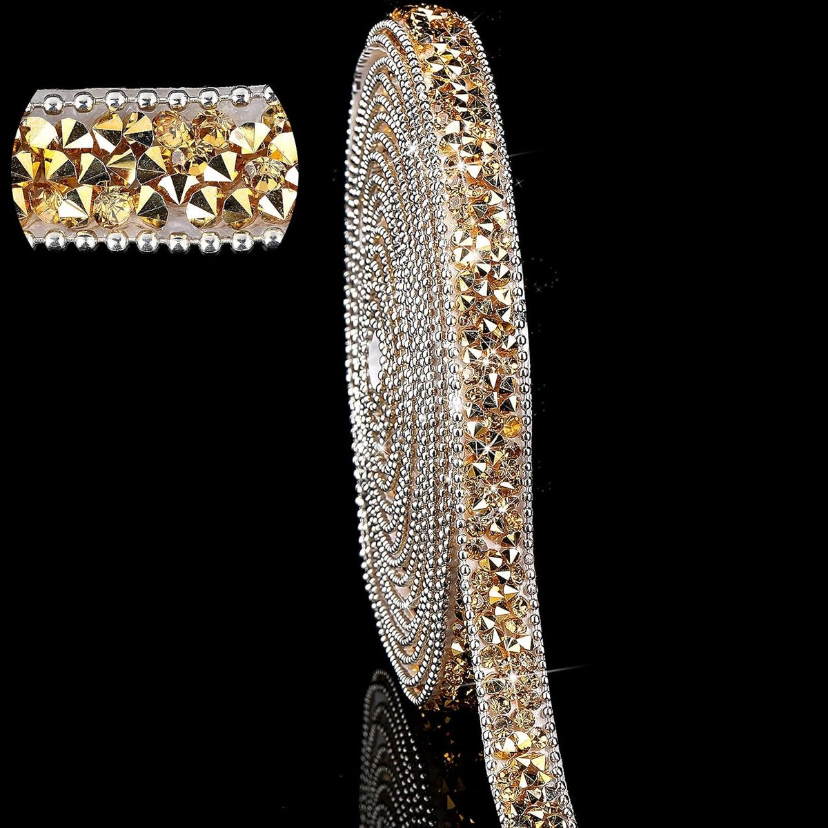 Linten decoraties bruiloft zelfklevende glitter hars diamant kristal lint ambachtelijke doe-het-zelf tas schoenen kleding cap (0,4 inch, gouden basis met geel)
