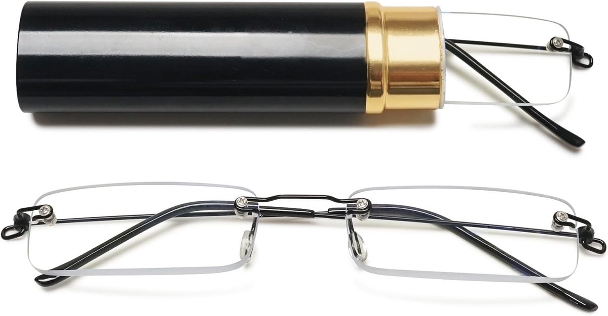 Mini frameloze leesbril, blauwlichtfilter, smal, voor dames en heren, ultralicht, rechthoekig, randloos, leeshulp, kleine bril met metalen etui