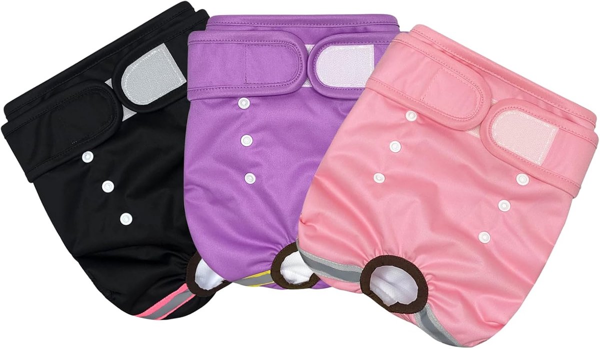 3-delige, wasbare hondenbroekjes, sterk absorberend, herbruikbaar, incontinentiehygiënische broekjes, teefjes, zwart, roze, paars (M) | Menstruatieslipje voor teefjes met verstelbare sluiting