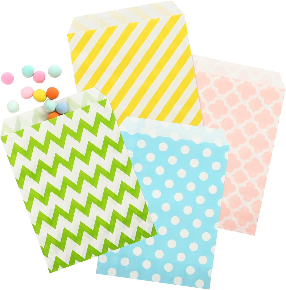 Snoepzakjes, cadeauzakjes, papieren zakjes voor snoep of repen, voor Pasen, bruiloft, verjaardag, doop, feest, 4 kleuren en 3 dessins, 25 stuks per kleur, 100 stuks in totaal