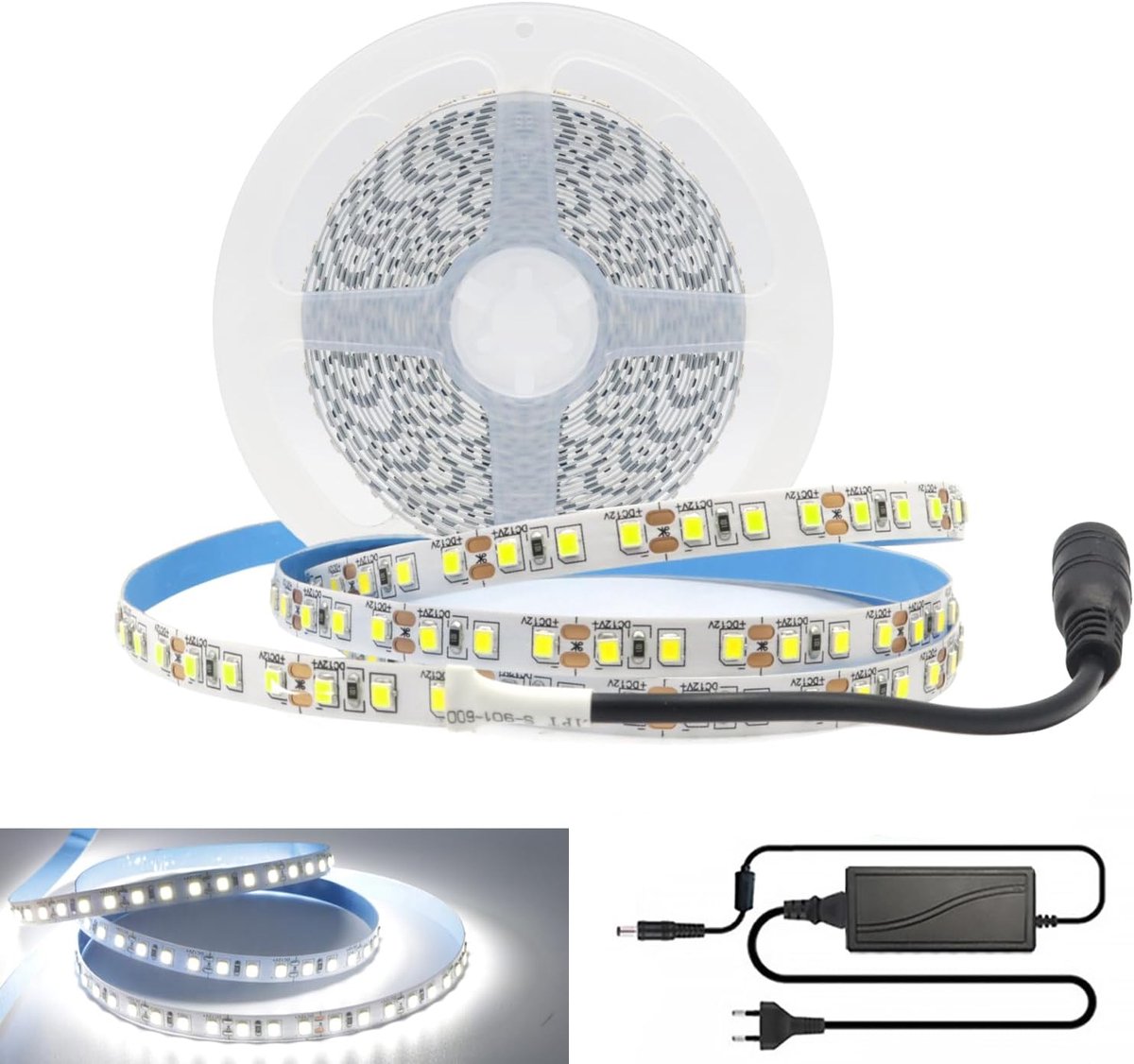 LED strips, 5M, 600leds,2835 SMD,lichtstrip met voeding,koudwit,12V, doe-het-zelf flexibele ledband, binnenverlichting voor decoratie, party, keuken, Kerstmis