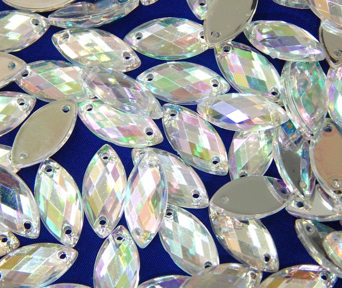 Strass-steentjes om op te naaien, glanzende steentjes om te naaien, ovaal set, 14x6 mm, kristallen AB acryl steentjes met platte achterkant voor kleding, knutselen, kleding en tas decoratie