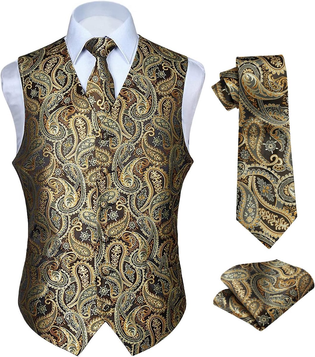 Paisley gilet voor heren, jacquard bloemenmotief, stropdas, pochet, voor bruiloftsfeest, zakelijke pasvorm, set met gilet, XS - 6XL