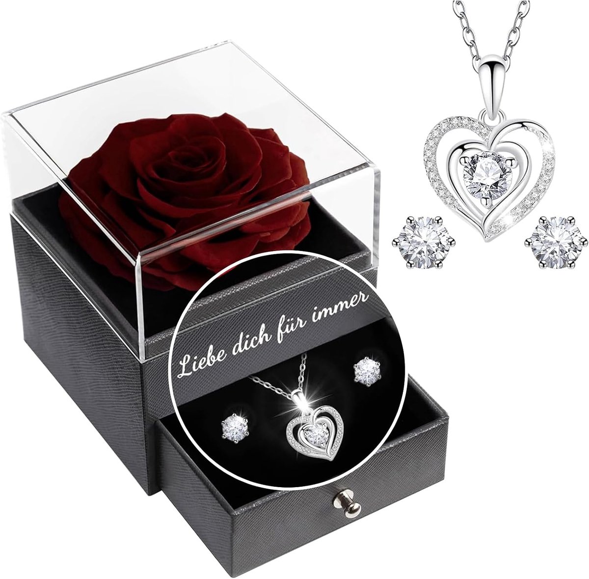 Geconserveerde rozen, sieradencadeau, verjaardagscadeau voor vrouwen, jubileumcadeau voor haar, echte roos met ketting, liefde voor altijd eeuwige bloem, Duits - wijnrood