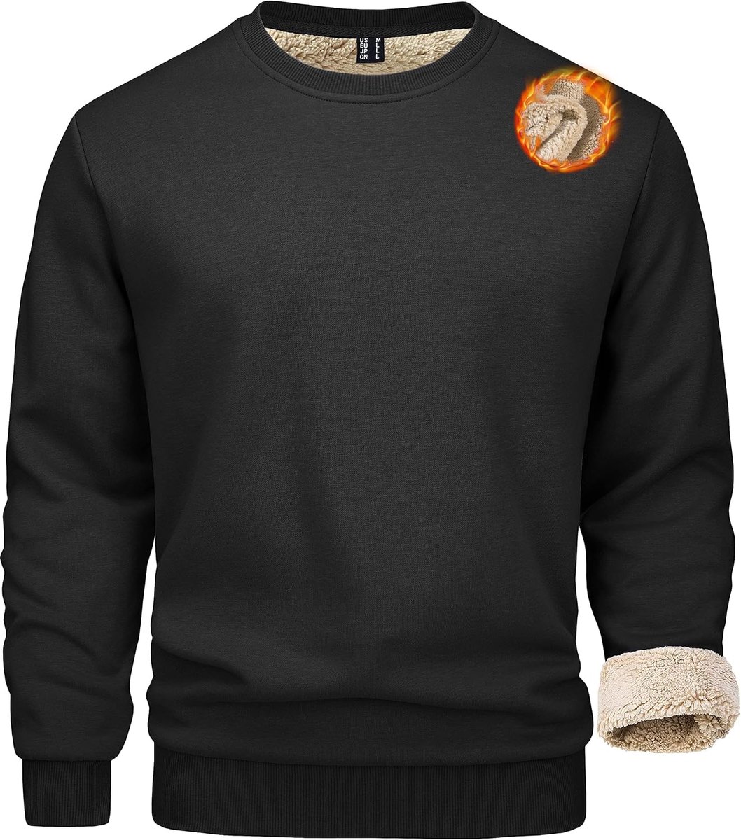 Heren wintersweatshirt fleece pullover gevoerde sporttrui warm shirt met lange mouwen en ronde hals